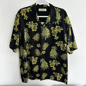 Tommy Bahama Silk Hawaiian Camp Shirt Large Black‎ Yellow Pineapple Tropical AOP